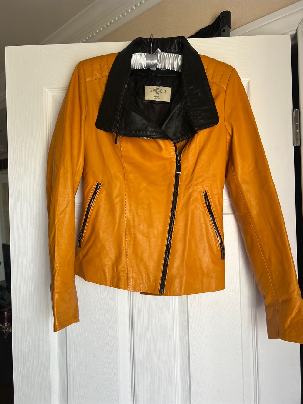 GRE-CO  Mustard Leather Moto Jacket with Black Collar